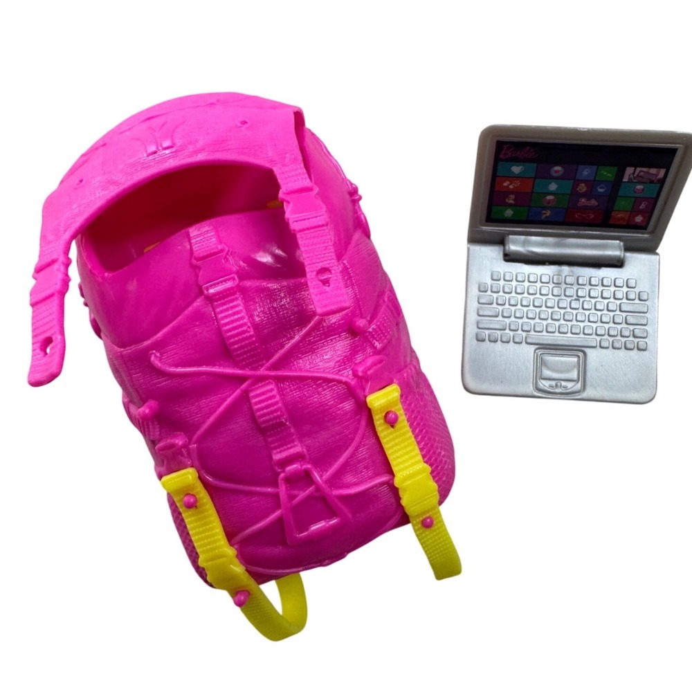 Barbie Doll Accessories Pink Hiking Backpack and Silver Laptop Toy Set Mattel